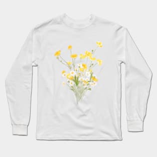 yellow buttercup and white daisy flowers bouquet ink and watercolor Long Sleeve T-Shirt